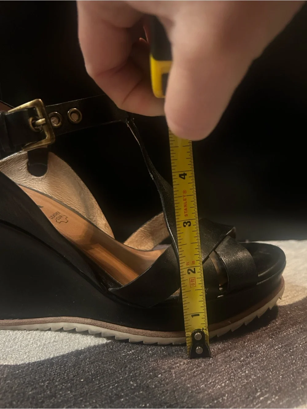 Biala Black Leather T-Strap Wedge Sandals